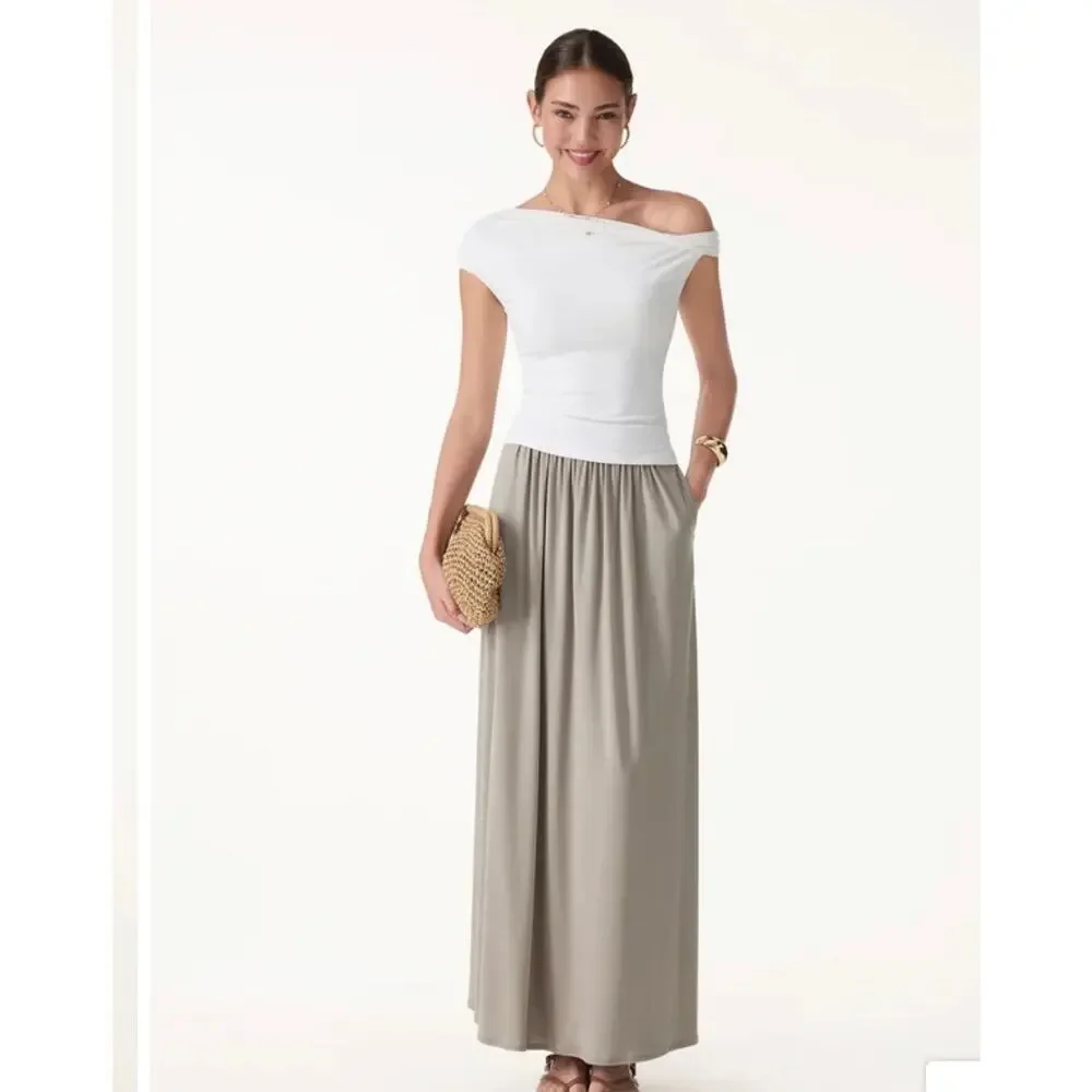 OGL Move Gray Maxi Skirt Long Flowy High Rise Elastic Waist Pockets Size L